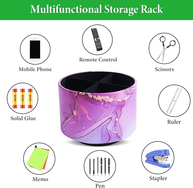 Round Leather Art Supply Organizer,Remote Control Holder,360-degree Rotating Pen Organizer with 4 Compartments(1-Purple Blue Splash Ink)