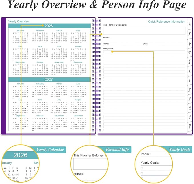 2026 Planner - Planner 2026 from January 2026 to December 2026 with 12 Monthly Tabs, Flexible Cover, Inner Pocket, 8.5" x 11", Purple-B