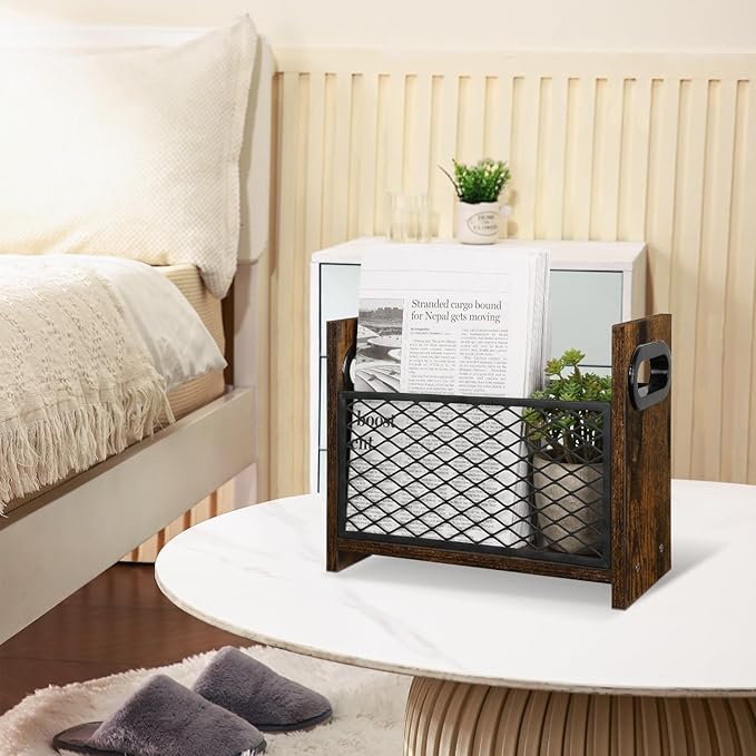 YINMIT Magazine Holder, Magazine Rack for Desktop and Home Office, Farmhouse File Storage Basket for Letters, Magazines, Books, Newspapers (Small)