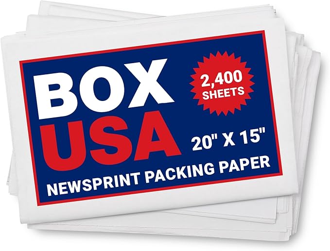 BOX USA Newsprint Packing Paper Sheets 2,400 Sheets (50 lbs.) Pre-Cut 20" x 15" Large Packing Paper Sheets for Moving, Shipping & Storage, Perfect Moving Supplies