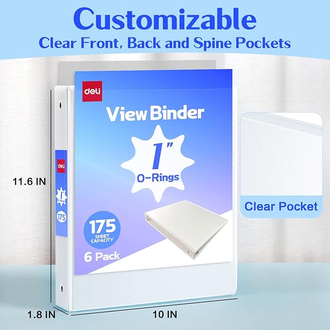 Deli 1-inch 3 Ring Binder with 2 Interior Pockets, 175 Sheets Capacity, 1 inch Binders fits 11" x 8.5" US Letter Size, White, 6 Pack