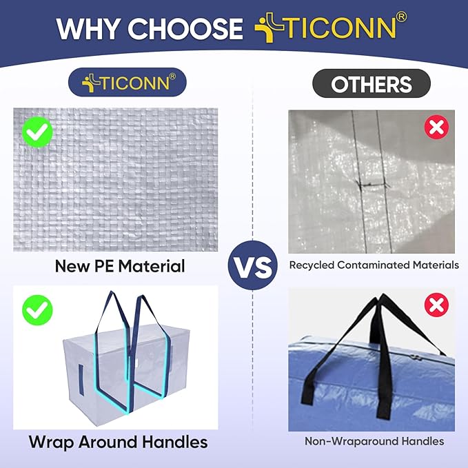 TICONN 4 Pack Extra Large Moving Bags with Zippers & Carrying Handles, Heavy-Duty Storage Tote Moving Boxes for Space Saving (4 Pack, Navy)