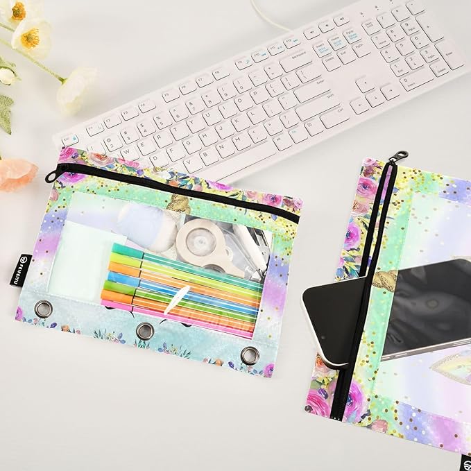 Unicorn Pink Pencil Pouch for 3 Ring Binder, 2 Pack Waterproof Pencil Bags Clear Window Zipper School Office Supplies