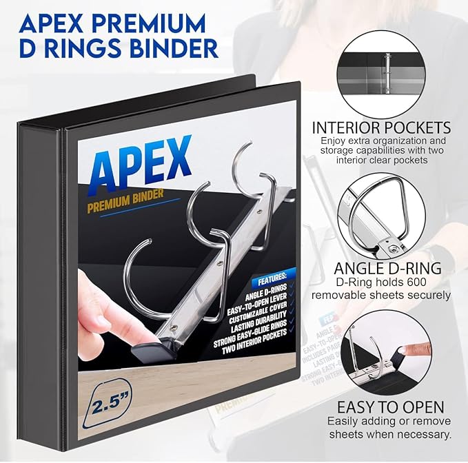 4 Pack of 2.5” Smooth Opening Angle D-Ring View Black Binders, Professional Presentation Folder for Standard Pages with Inside Pockets, and Customizable Clear View Binder PVC-Free