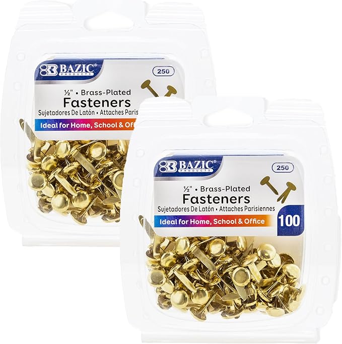 BAZIC Products Brass Plated Fasteners 1/2 Inch, Round Head Paper Fastener Brads for Office School Organization Scrapbooking Art and Crafts (100/Pack), 2-Pack