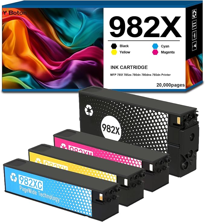 High Yield 982X Ink Cartridge with Chip T0B26A T0B27A T0B28A T0B29A Compatible for HP MFP 785f 785zs 780dn 780dns 765dn Printer Ink(4-Pack Black Cyan Magenta Yellow)