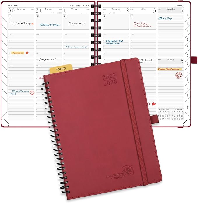 POPRUN Planner 2025-2026 (Medium - 6.5'' x 8.5'') Academic Weekly Calendar (July 2025 - June 2026) with Hourly Time Slots, Monthly Tabs, 100GSM Thick Papers, Spiral Leather Cover - Burgundy Red