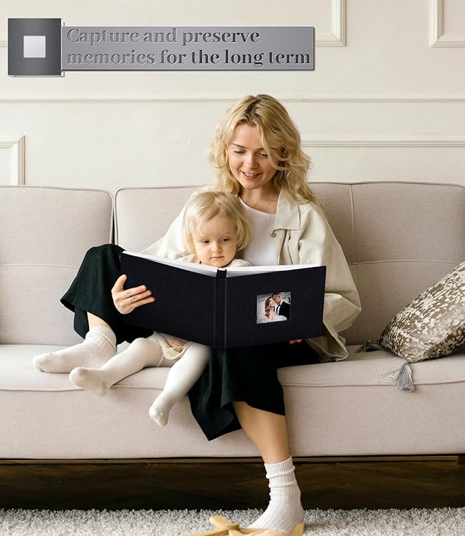 Photo Album Self Adhesive Scrapbook Album for 3x5 4x6 5x7 8x10 Pictures, 60 Pages Linen Cover with Display Window DIY Photo Book,Ideal Gifts for Family Travel Wedding Baby