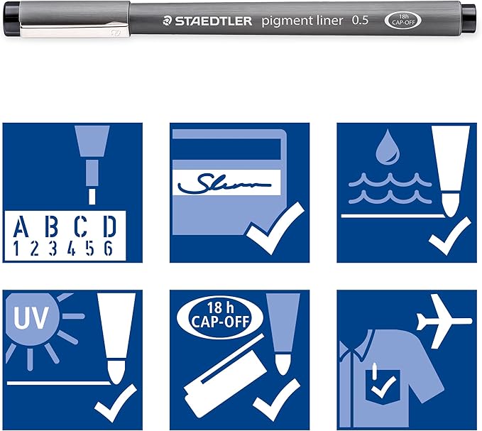 STAEDTLER Pigment Liner, Fineliner Pen for Drawing, Drafting, Journaling, 0.05mm, Black, Box of 5 Pens, 308 0059M