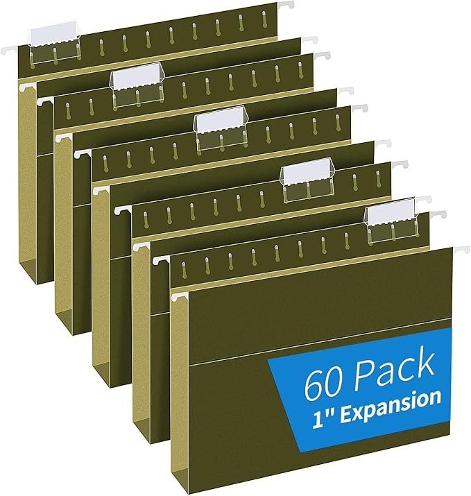Extra Capacity Hanging File Folders, RAZCC 60 Pack Letter Size Reinforced Hanging Folders with Heavy Duty 1 Inch Expansion for Bulky Files, Filing Cabinet, Adjustable Tabs, Green