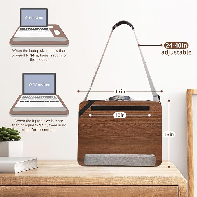 Lap Desk for Laptop Stand with Cushion, Adults with Storage Fits Up to 15.6in, Combines Features Bag and Pillow Table by Travel, Portable Workstation for Home College Office (Walnut Color)