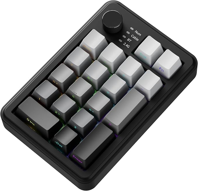 EWEADN NK20 Wireless Retro Mechanical Numpad with Knob, Bluetooth/2.4GHz/USB-C Connect with RGB Backlight Hot Swappable Number Pad, 20-Key Rechargeable External Num Pad for Win, Mac, Black Gray