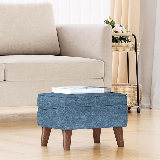 Small Footstool Ottoman with Storage, Ottoman Foot Rest, Modern Foot Stool with Adjustable Lid and Sturdy Wood Legs for Living Room, Bedroom, Couch, Enterway, Blue