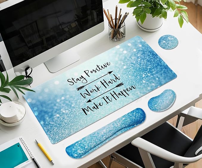 Large Mouse Pad and Keyboard Wrist Rest, Desk Pad for Keyboard and Mouse, 4-in-1 Large Gaming Mouse Pad with Wrist Support for Home Office Study Game-Stay Positive