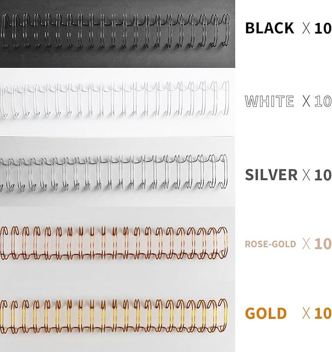 Binditek 50 Pack Double Loop Wire Binding Spines, 9/16 Inch Binding Wire for Letter Size, 3:1 Pitch, 120 Sheet Capacity, 32-Loop, 5 Assorted Colors (Black, Gold, Silver, White, Rose Gold), Gifts