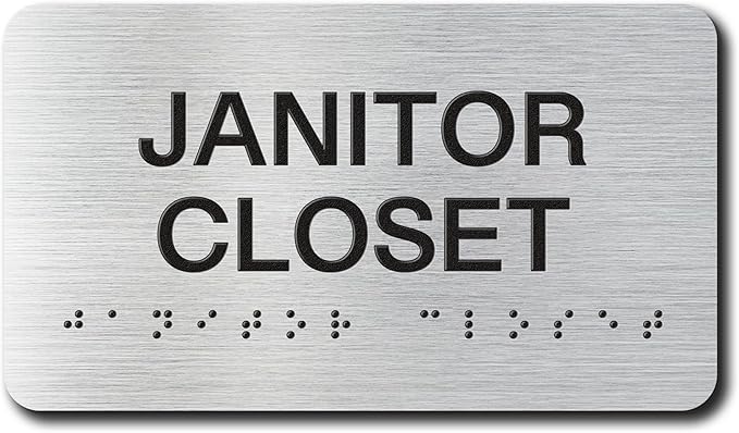 JANITOR CLOSET Signs with Raised Text & Grade 2 Braille, Brushed Aluminum/Silver Finish Easy Install with Double-Sided Tape, ADA Compliant Break Room Door Sign for Businesses & Offices