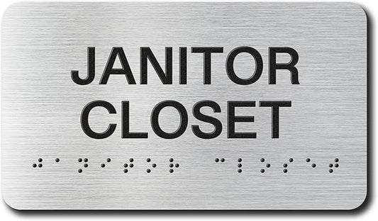 JANITOR CLOSET Signs with Raised Text & Grade 2 Braille, Brushed Aluminum/Silver Finish Easy Install with Double-Sided Tape, ADA Compliant Break Room Door Sign for Businesses & Offices