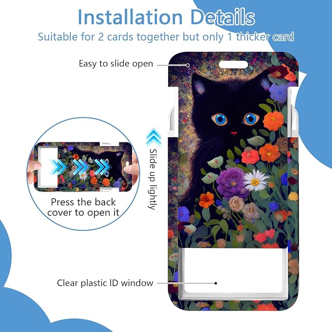 Black cat Badge Holder Reel Lanyard,Flower ID Card Badge Holder Retractable Name Tag Clips for Doctor Nurse Teacher Office Student