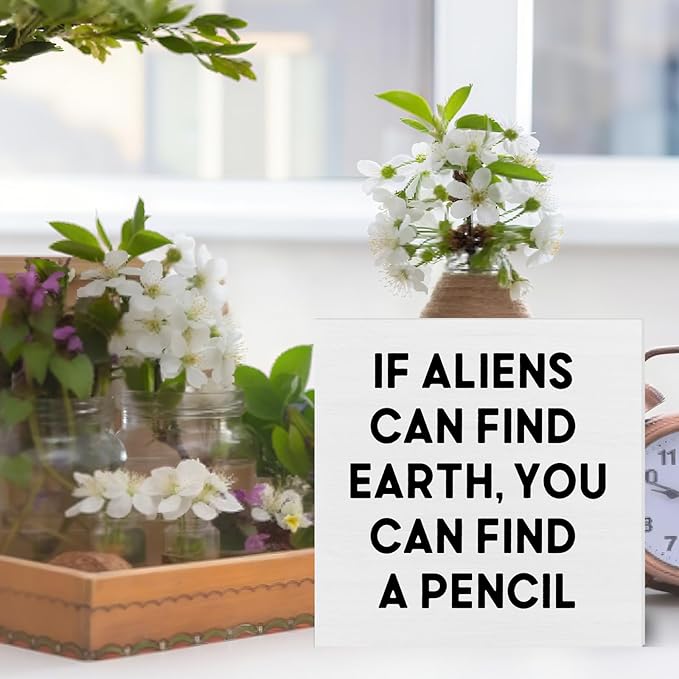 Funny Teacher Gifts for Students, If Aliens Can Find Earth You Can Find a Pencil Wood Sign, Science Biology Classroom Study Room Decor