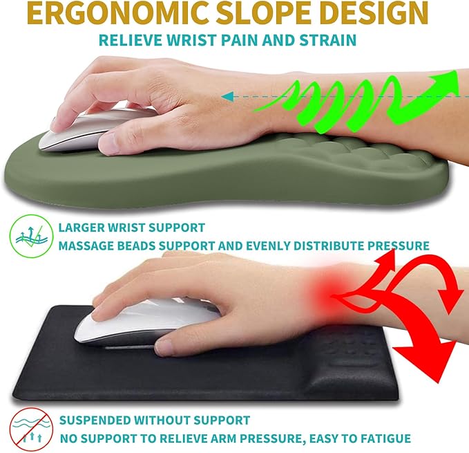 Hokafenle 2 in 1 Ergonomic Mouse Pad Wrist Support & Wrist Rest for Computer Keyboard Set, with Relieve Carpal Tunnel Pain Massage Bulge and Full Memory Gel Design (2In1 Set, Dark Green)