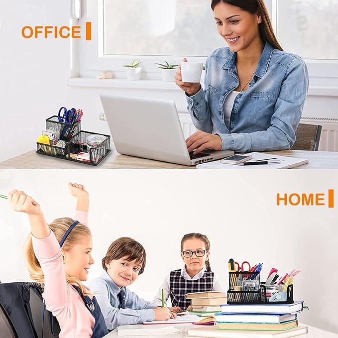 Moonlik Mesh Pen Holder Desk Organizer Set, Pencil Storage Holder with 3 Compartments, Office School Home Desktop Supplies, Desk Accessories for Paper Clip, Sticky Notes(2pack, Black)