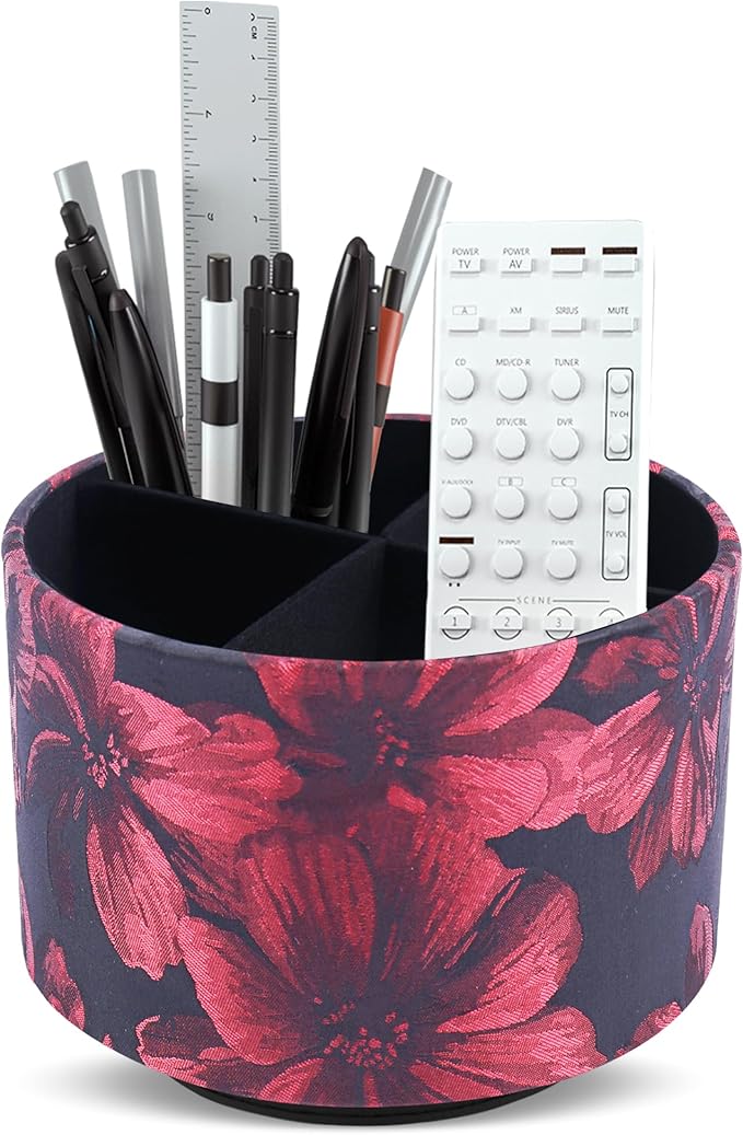 QIELIZI Round Leather Art Supply Organizer,Remote Control Holder,360 Degree Rotating,Multi-Functional Pencil Holder,4 Compartments Desktop Stationary Organizer(1-Dahlia Red)