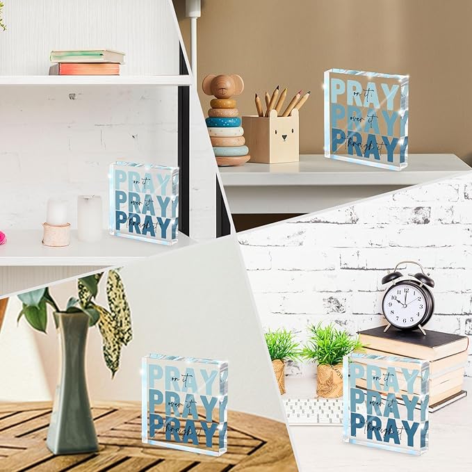Religious Gifts for Women - Pray on it Pray over it Pray through it Acrylic Sign Decorative for Home Office Pastor Farmhouse Living Room Church Table Desk Bookshelf Decoration(blue)