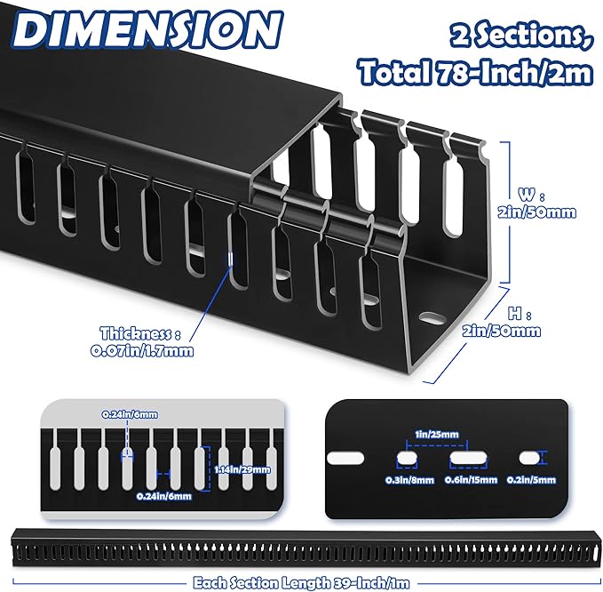 ZhiYo 2x2inCable Raceway, 6.6ft (2xL3.3ft) Server Rack Cable Management Under Desk Cord Organizer, Electrical Safe PVC Cable Channel Open Slot Wire Raceway for Network/PC/TVs, Wire Duct Black