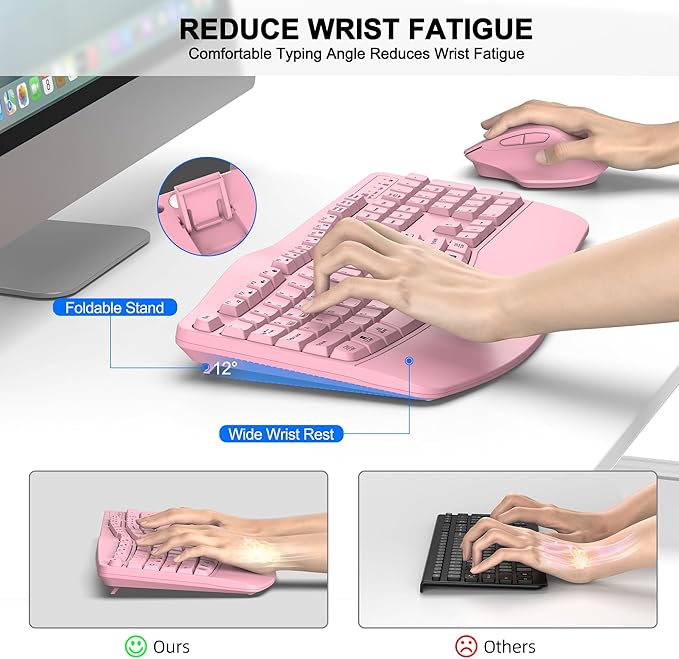 Wireless Keyboard and Mouse Combo, 2.4G Full Size Wave Keys Ergonomic Keyboard with Wrist Rest and 3-Level DPI Adjustable Wireless Ergonomic Mouse for Windows, Mac OS Desktop/Laptop/PC(Pink)
