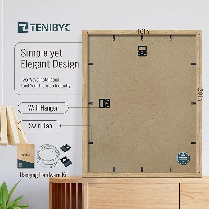 16x20 Frame 3 Pack, Natural Oak Wood Picture Frame with HD Tempered Glass, Display 16x20 or 20x16 photos, posters and Art Prints, Wall Hanging