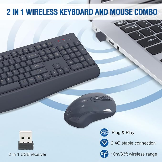 Wireless Keyboard and Mouse Combo, Full-Sized 2.4GHz Comfortable Palm Rest and Optical Wireless Mouse for Windows, Mac OS PC/Desktops/Computer/Laptops(Navy Blue)