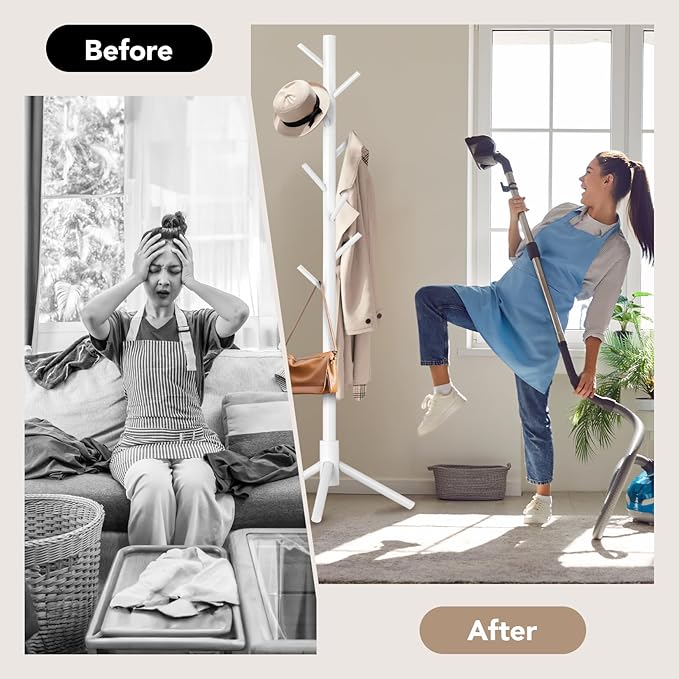 Wooden Tree Coat Rack Stand,Sturdy Freestanding Coat Rack with 8 Hooks,3 Adjustable Height for Child Adult,Wood Coat Stand Tree Fits Entryway Bedroom Office for Bags,Hats, 2 Pack