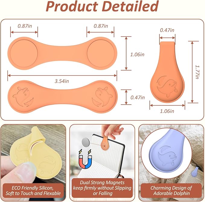 Magnetic Silicone Bookmarks for Reading Book, 6 PCS Extra Strong Magnetic Book Mark Clip Cute Dolphin Book Page Holders Accessories Gift for Women, Men, Book Lovers, Teachers, Readers, Kids