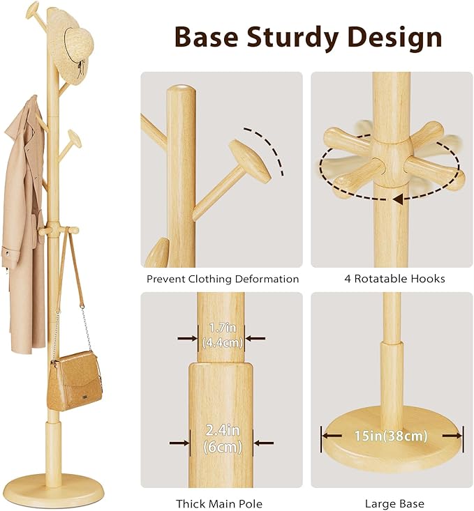 Solid Wood Coat Rack Freestanding Coat Tree with 10 Hooks for Bedroom, Livingroom, Entryway, Sturdy Coat Hanger Stand for Hats, Coats, Scarves, Handbags, Purses