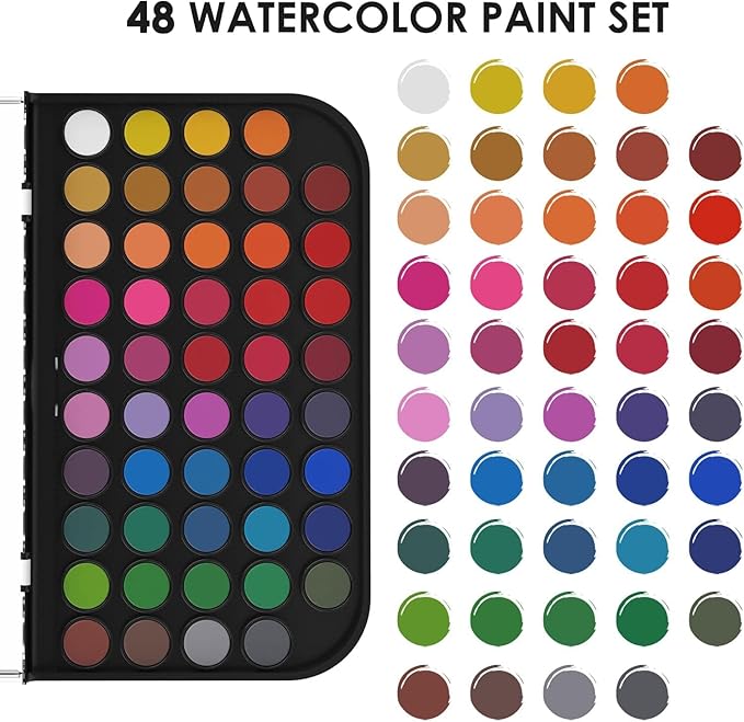Funto Watercolor Set, 48 Color Paint Set, 10 Brushes, 30 Page Pad(9"x12"), 4 Refillable Pens & More, Painting Kit for Kids, Adults, Beginners