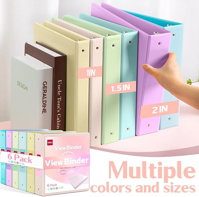Deli 2-inch 3 Ring Binder with 2 Interior Pockets, 450 Sheets Capacity, 2 inch Binders fits 11" x 8.5" US Letter Size, Assorted 6 Pastel Colors, 6 Pack