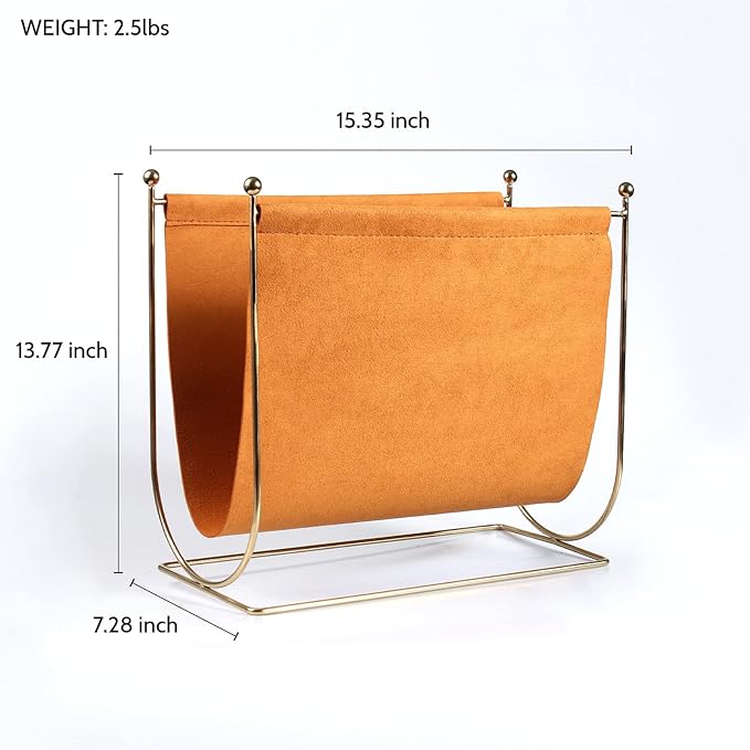 Plated Metal Wire and Suede Leather Magazine Holder Rack, Standing Rack for Magazines, Books, Newspapers, Home Staging Decoration