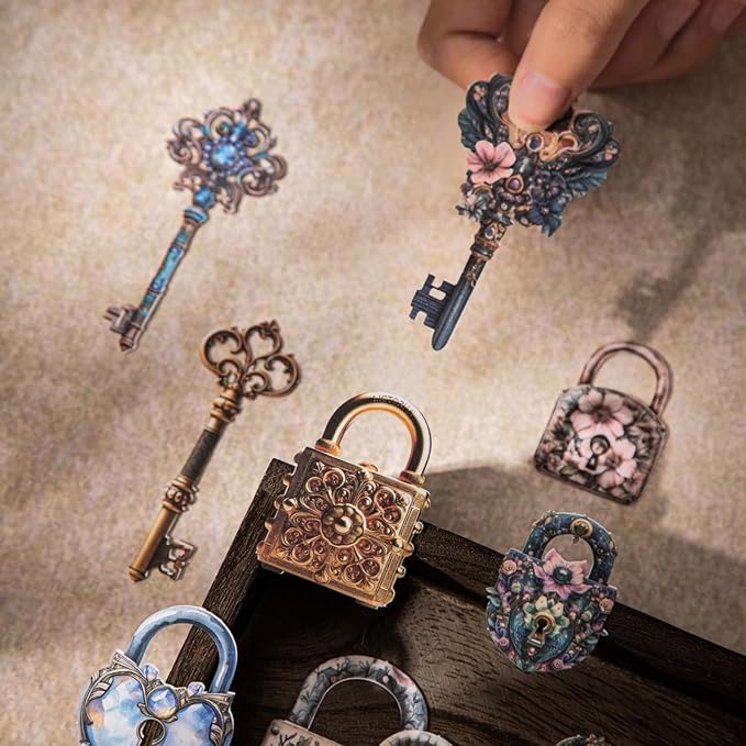 120 PCS Vintage Textured Cardstock Hollowed Key and Lock Stickers, Aesthetic Decorative Key and Lock Scrapbook Stickers for DIY Diary Junk Journal Handbook Journaling Scrapbooking Supplies Kit