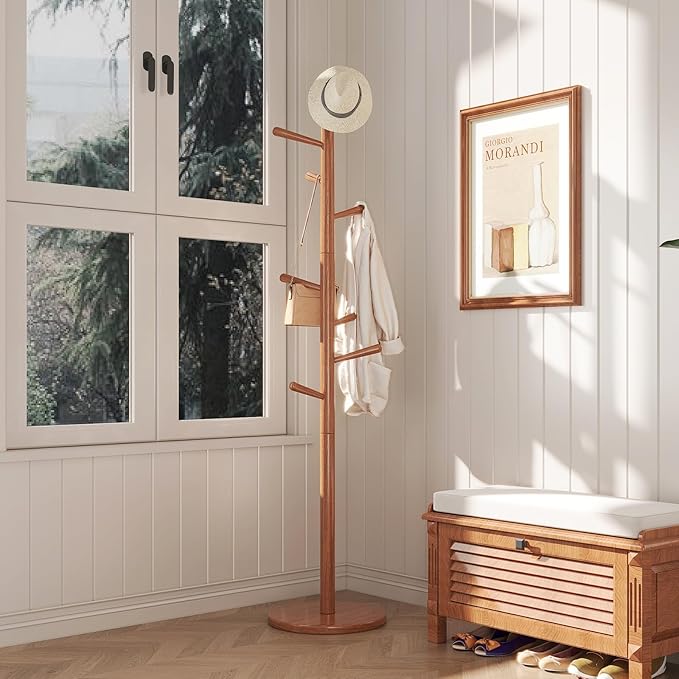 Uniclinens Coat Rack Freestanding Solid Wood Coat Tree Standing with 8 Hooks, Coat Rack Stand Creative Tree Branch-Look (Teak)