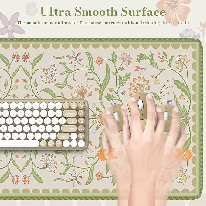 HAOCOO Light Green Iris Flower Desk Pad Mat, Non-Slip XXL Mouse Pad with Stitched Edges, Cute Floral Computer Mat, Elegant Desk Decor for Home, School, Office Accessories