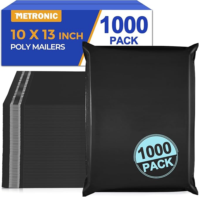 Metronic Poly Mailers 10X13 1000 Pack, Strong Adhesive Shipping Envelopes for Clothing, Medium Shipping Bags for Small Businesses, Waterproof Mailers Poly Bags (Black, 10x13 1000PC)