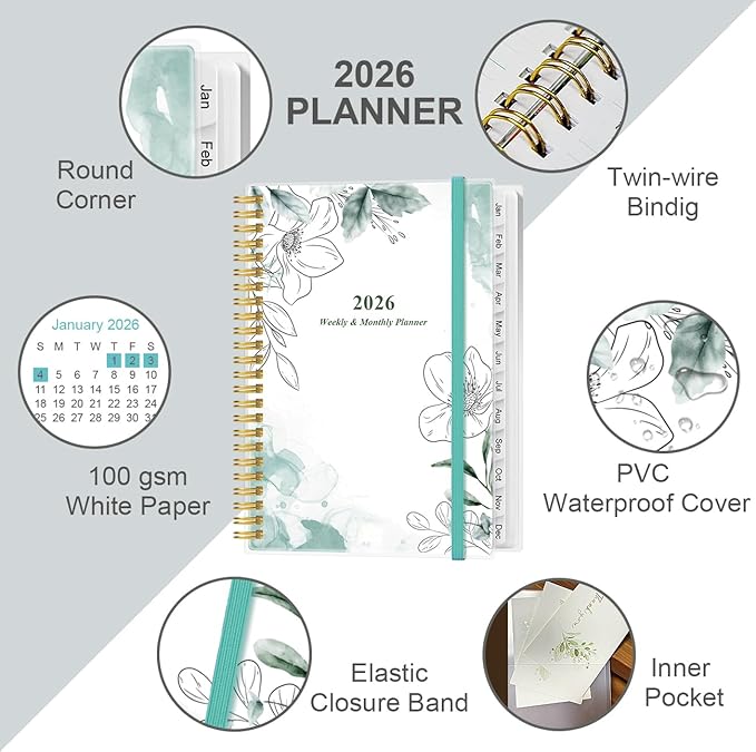 Planner 2026 - A5 Weekly & Monthly Planner Spiral Bound, January 2026 to December 2026, Planners 2026 with Flexible Cover, Tabs, Inner Pocket, 6.4" x 8.5", Teal Flowers