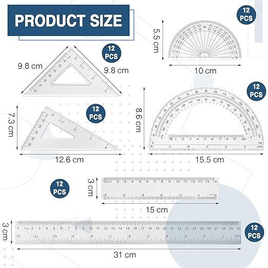 Tenare 72 Pcs Plastic Clear Math Set Includes Protractor Triangle Rulers 12 Inch 6 Inch Straight Geometry Math Transparent Ruler Measuring Tool for School Office Home Supplies