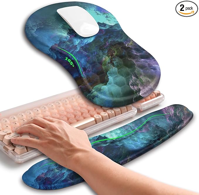 Hokafenle 2in1 Combination, Wave Keyboard Wrist Rest and Ergonomic Curvature Mouse Pad Wrist Support for Relieve Wrist Pain, Filled with Soft Cushion Memory Foam, Nebula Dreamland
