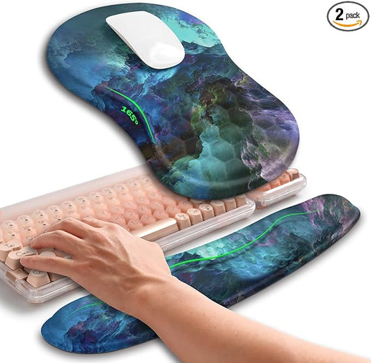 Hokafenle 2in1 Combination, Wave Keyboard Wrist Rest and Ergonomic Curvature Mouse Pad Wrist Support for Relieve Wrist Pain, Filled with Soft Cushion Memory Foam, Nebula Dreamland