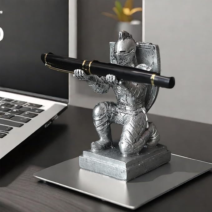 Resin Soldier Shield Knight Decor Statue Pen Holder Base for Desk, Desktop Organizer Pencil Stand Display for Office, School, Home, as Gift for Men Father