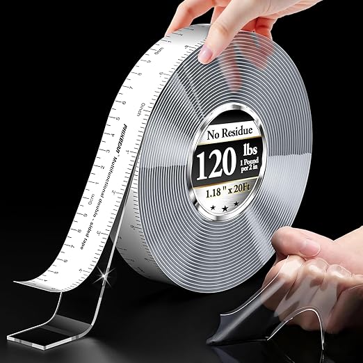 Extra Large 1.18 "x20Ft Heavy Duty Clear Double Sided Tape Mounting with Inch Measurement Mark, Removable Tough Nano Strong Tape, Used for Walls, Carpets, Posters, Dormitories