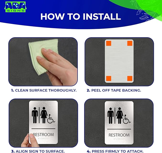 ADASigns Unisex Restroom Sign with Wheelchair Signage – 6" x 9" Durable Brushed Aluminum with Braille and Strong Adhesive Tape Weatherproof ADA Compliant Bathroom Sign for Home, Office & Business