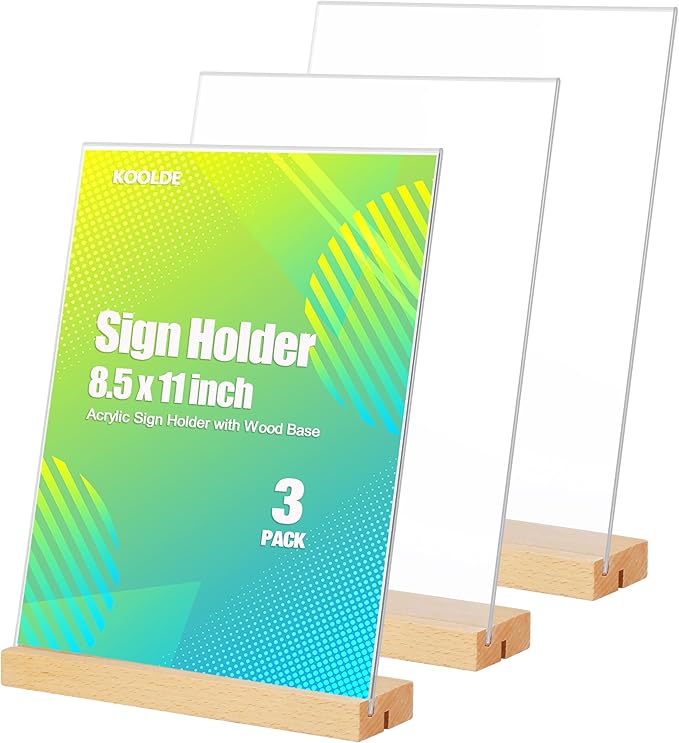 3 Pack Acrylic Sign Holder 8.5x11 with Wood Base L/T Shape 2 in 1 Acrylic Frame Wood Sign Holder Display Stand for Restaurant, Wedding, Office