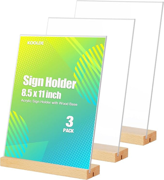 3 Pack Acrylic Sign Holder 8.5x11 with Wood Base L/T Shape 2 in 1 Acrylic Frame Wood Sign Holder Display Stand for Restaurant, Wedding, Office